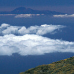 La Palma über den Wolken auf 2.500 Meter Höhe. Im Vordergrund ein Teleskop, im Hintergrund Teneriffa.